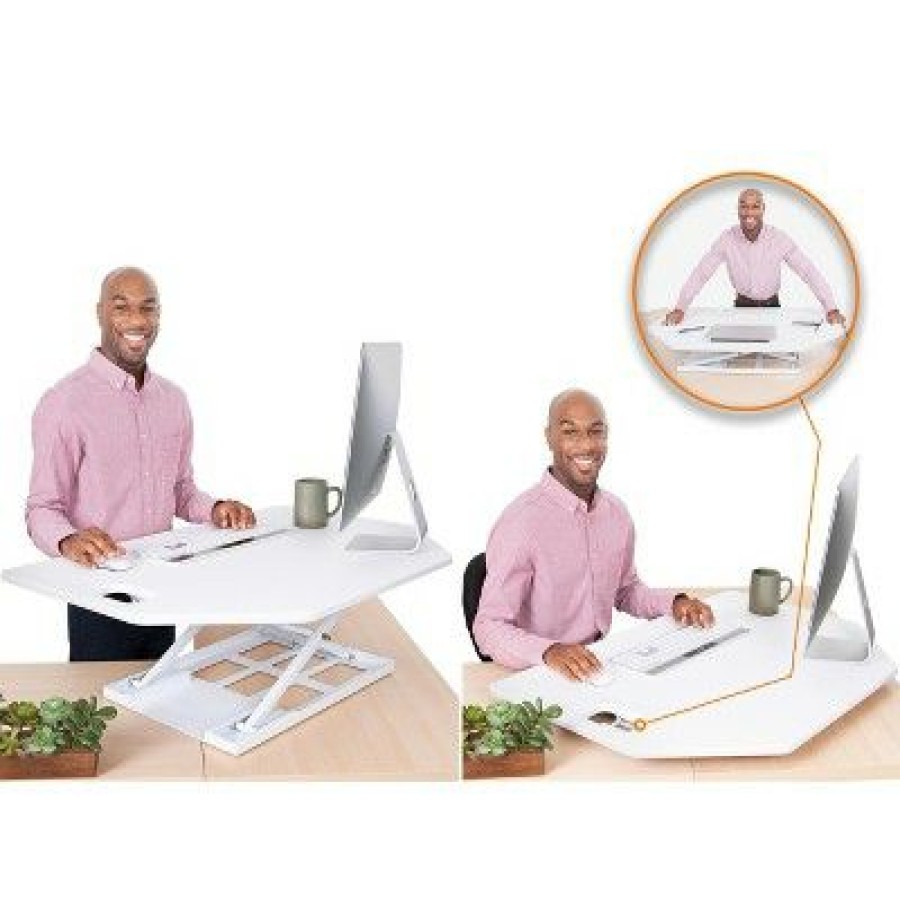 Executive Desks * | X-Elite Premier Corner Standing Desk Converter With Pneumatic Height Adjustment White Stand Steady