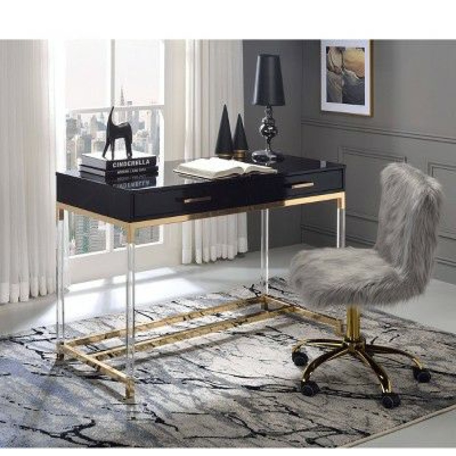 Executive Desks * | Adiel Built-In Usb Port Writing Desk Black/Gold Acme Furniture