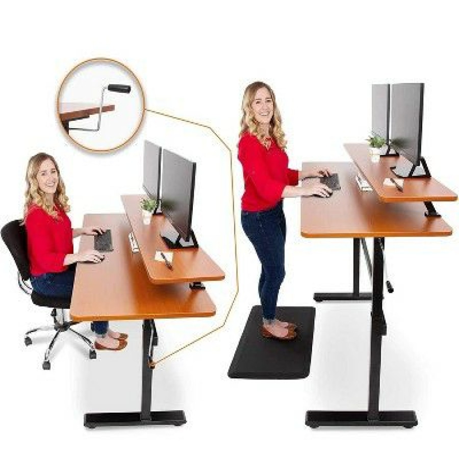 Executive Desks * | Tranzendesk Standing Desk With Clamp-On Shelf 55 Sit To Stand Workstation With 55" Monitor Stand Cherry Stand Steady