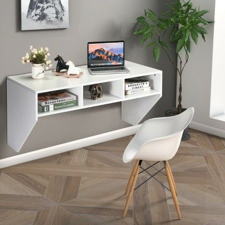 Executive Desks * | Costway Wall Mounted Floating Computer Table Desk Home Office Furni Storage Shelf White