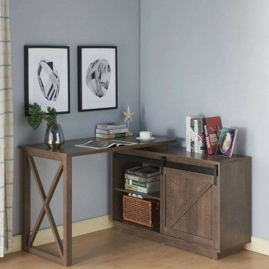 Corner Desks * | Sevyn Transitional L Shape Desk Walnut Oak Homes: Inside + Out