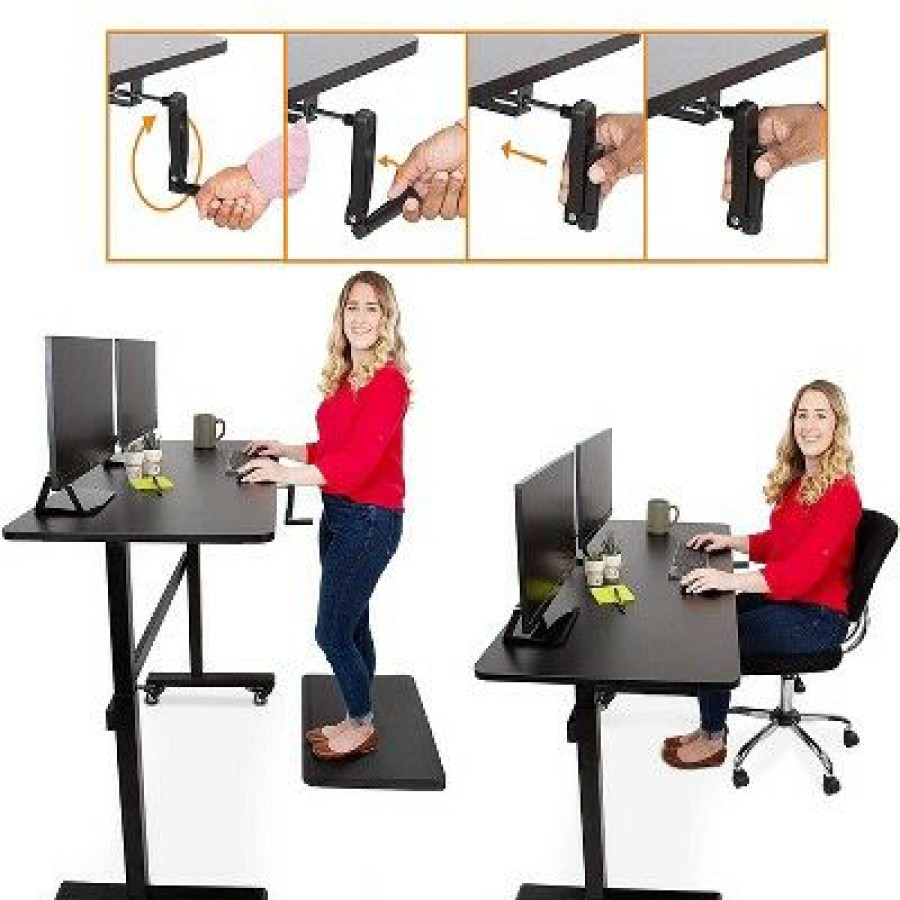 Executive Desks * | Tranzendesk Standing Desk With Front Handle And Detachable Wheels 55" Sit To Stand Workstation Black Stand Steady