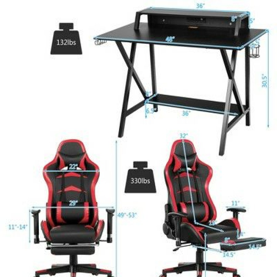 Computer Desks * | Costway Gaming Desk&Massage Gaming Chair Set W/ Footrest Monitor Shelf Power Strip Red