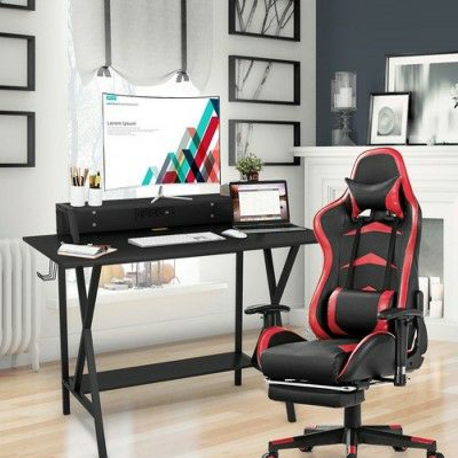 Computer Desks * | Costway Gaming Desk&Massage Gaming Chair Set W/ Footrest Monitor Shelf Power Strip Red