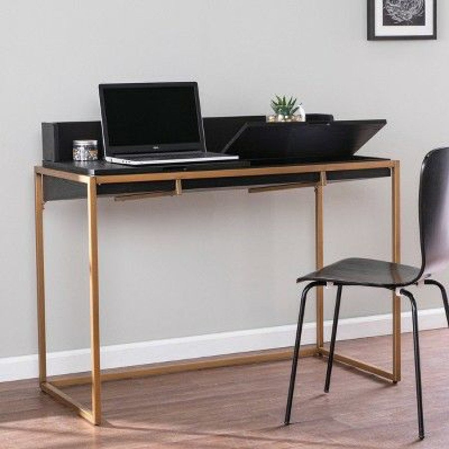 Executive Desks * | Bilcrafield Flip Top Desk With Storage Black/Gold Aiden Lane