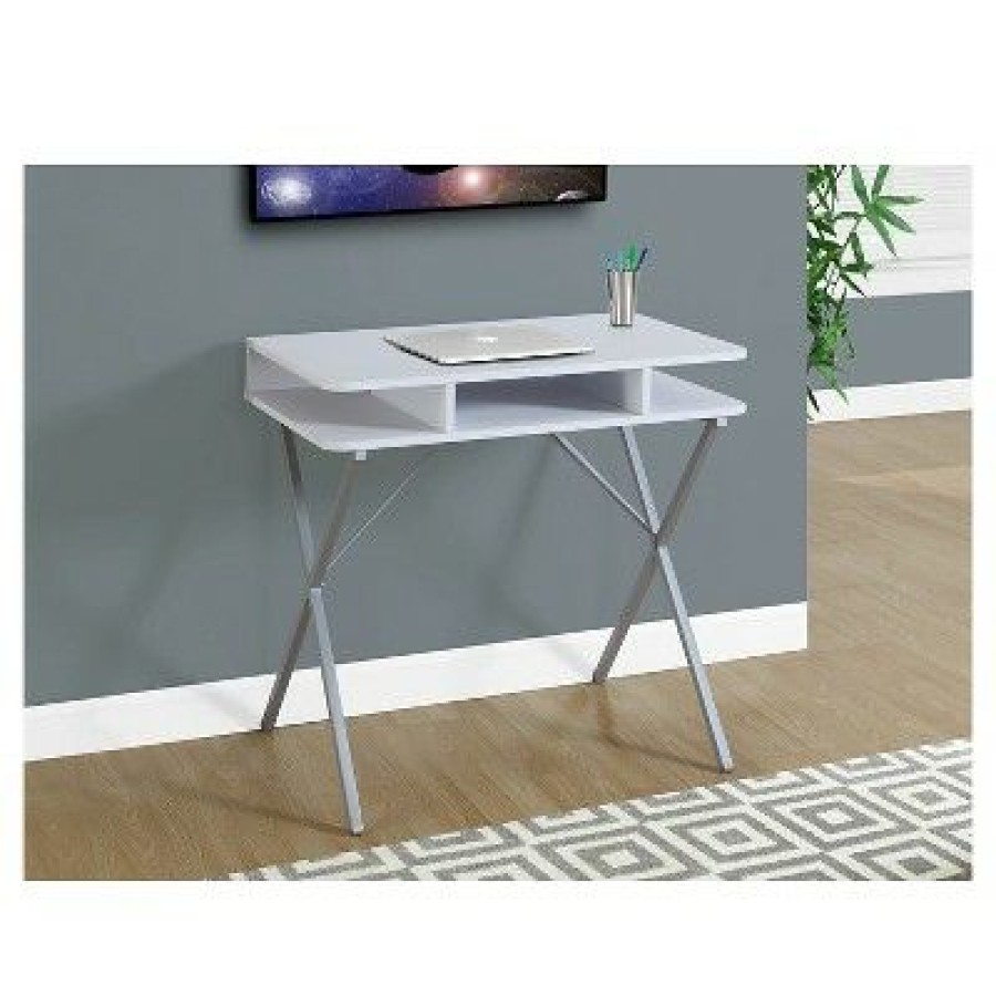 Executive Desks * | White Top Computer Desk Silver Metal Everyroom