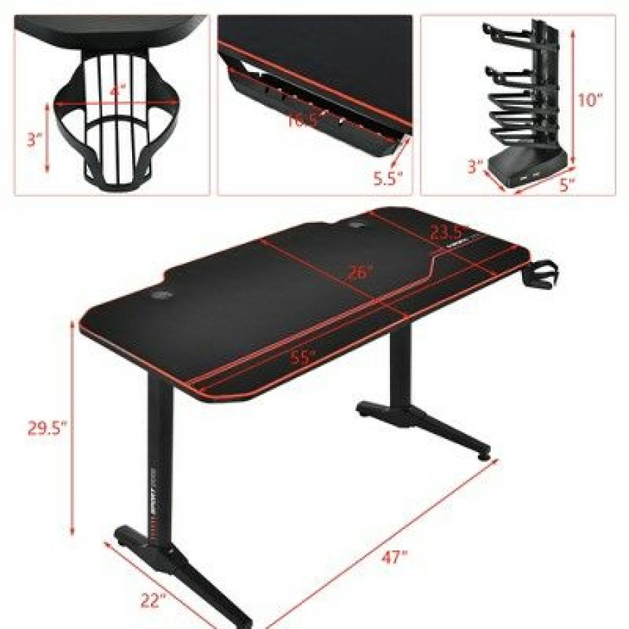 Computer Desks * | Costway 55" Gaming Desk T-Shaped Computer Desk W/Full Desk Mouse Pad&Gaming Handle Rack Cup Holder&Headphone Hook