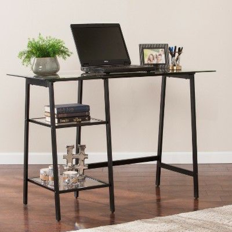 Executive Desks * | Beecher Metal/Glass Sawhorse/A Frame Writing Desk Black Aiden Lane