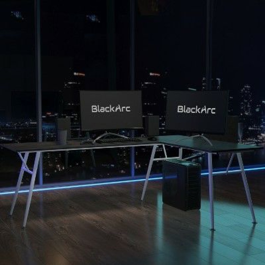 Computer Desks * | Blackarc Black Gaming Desk With L-Shaped 89.5 Diagonal Width Black Laminate Top And Powder Coated Silver Metal Frame