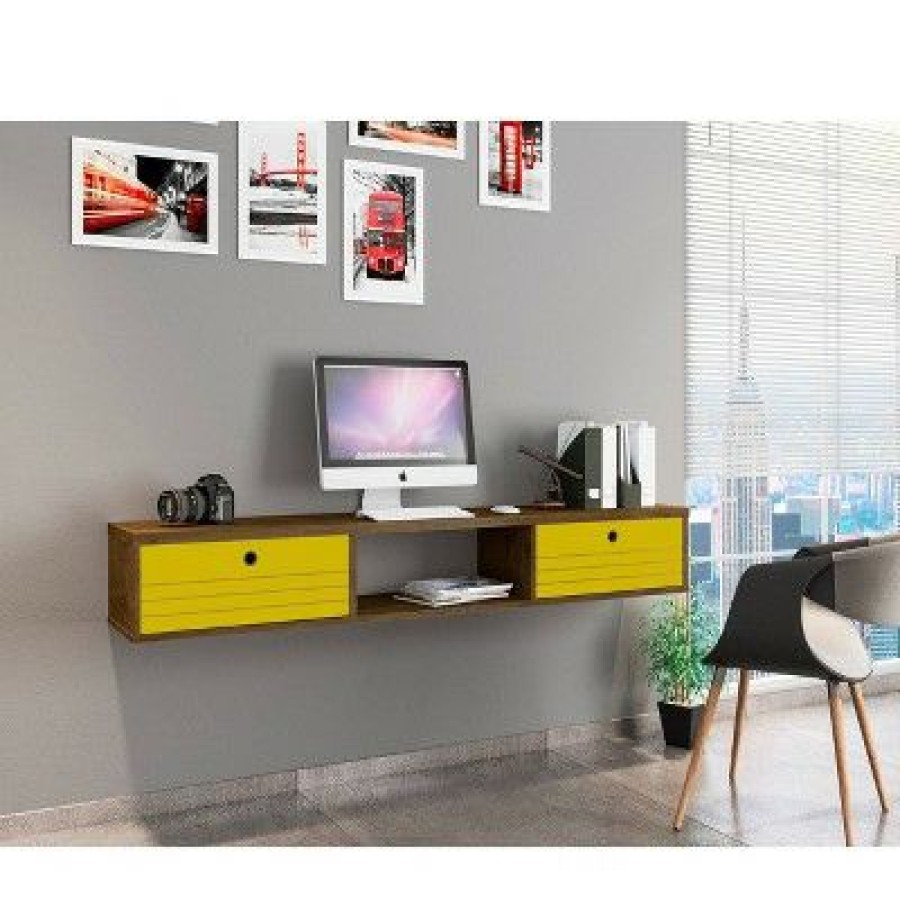 Executive Desks * | 62.99" Liberty Floating Office Desk Rustic Brown/Yellow Manhattan Comfort