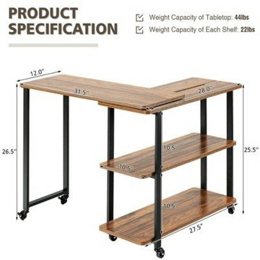 Executive Desks * | Costway Sofa Side End Table 360 Rotating Bookcase W/Storage Shelves & Wheels /Rustic /Natural