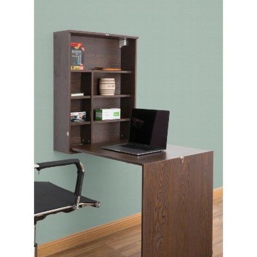 Executive Desks * | Basicwise Wall Mount Laptop Fold-Out Desk With Shelves