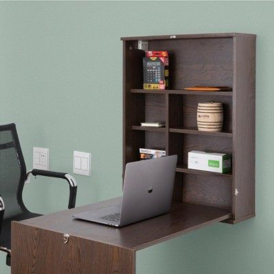 Executive Desks * | Basicwise Wall Mount Laptop Fold-Out Desk With Shelves