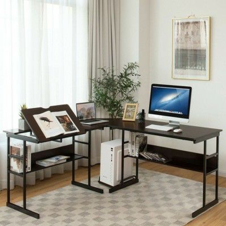 Executive Desks * | Costway L-Shaped Computer Desk Drafting Table Workstation W/ Tiltable Tabletop