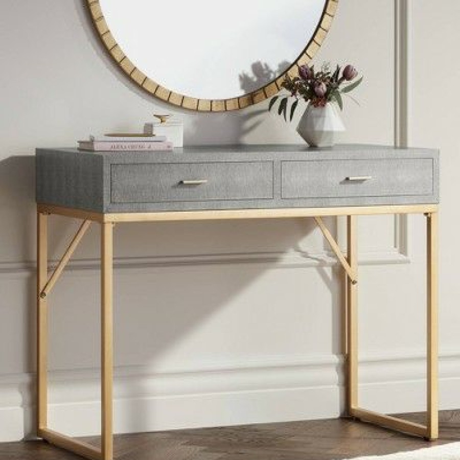 Executive Desks * | 55 Downing Street Modern Wood Rectangular Desk 42 X 21 With Drawer Gray Tabletop Gold For Living Room Entryway Home House Office