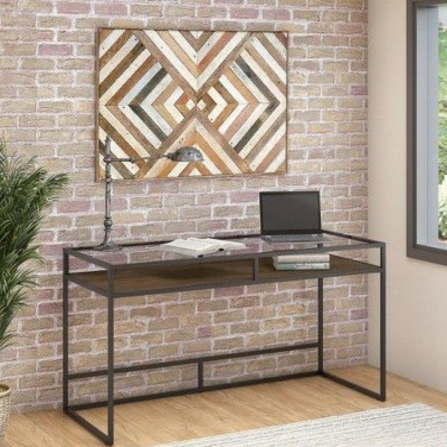 Executive Desks * | 60W Anthropology Glass Top Writing Desk With Shelf Rustic Brown Embossed Bush Furniture