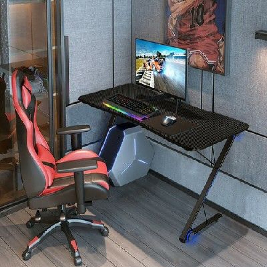 Computer Desks * | Costway 43.5 Inch Gaming Desk Z Shape Office Pc Computer Desk Gamer Tables W/ Led Lights