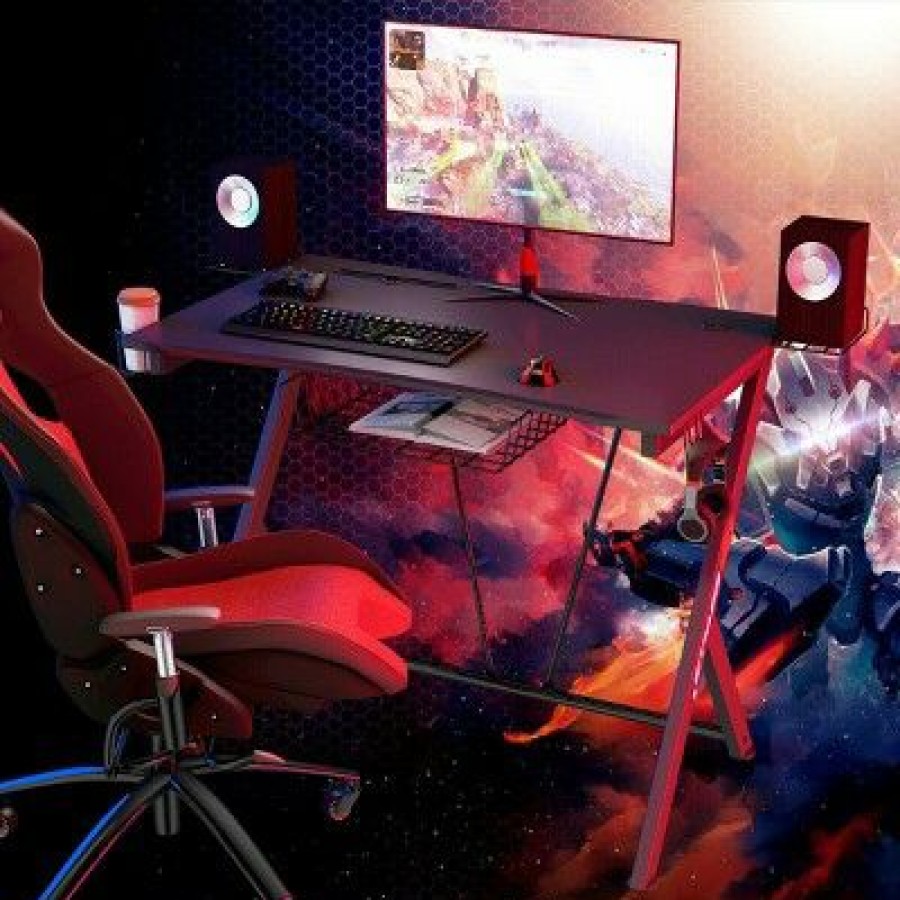 Computer Desks * | Costway Gaming Desk Computer Desk Pc Table Workstation With Headphone Hook & Cup Holder