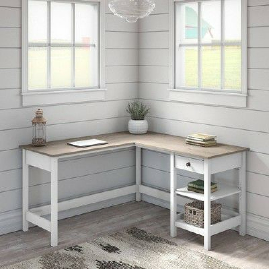 Executive Desks * | 60W Mayfield L Shaped Computer Desk With Storage Shiplap Gray/Pure White Bush Furniture