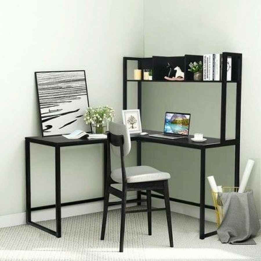 Executive Desks * | Costway 55" L-Shaped Desk Corner Computer Desk W/Hutch Black