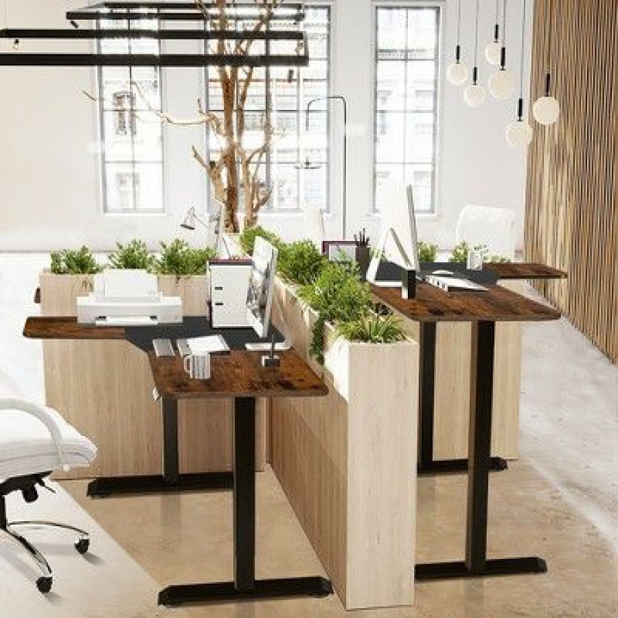 Executive Desks * | Costway L Shaped Electric Adjustable Standing Desk W/ Controller 2 Hooks Rustic