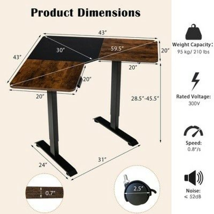 Executive Desks * | Costway L Shaped Electric Adjustable Standing Desk W/ Controller 2 Hooks Rustic