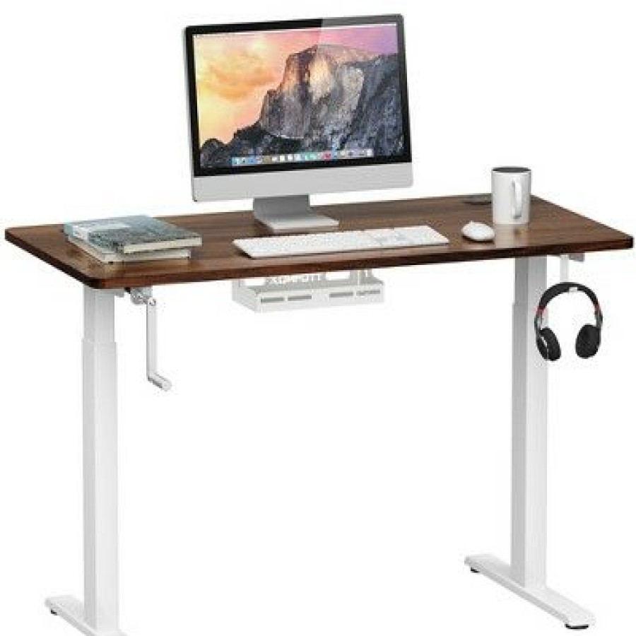 Executive Desks * | Costway 48" Sit Stand Desk Adjustable Standing Workstation W/Crank Handle Whiteblackgrey