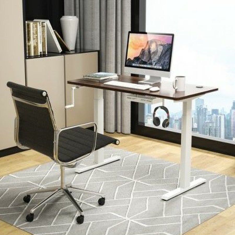 Executive Desks * | Costway 48" Sit Stand Desk Adjustable Standing Workstation W/Crank Handle Whiteblackgrey