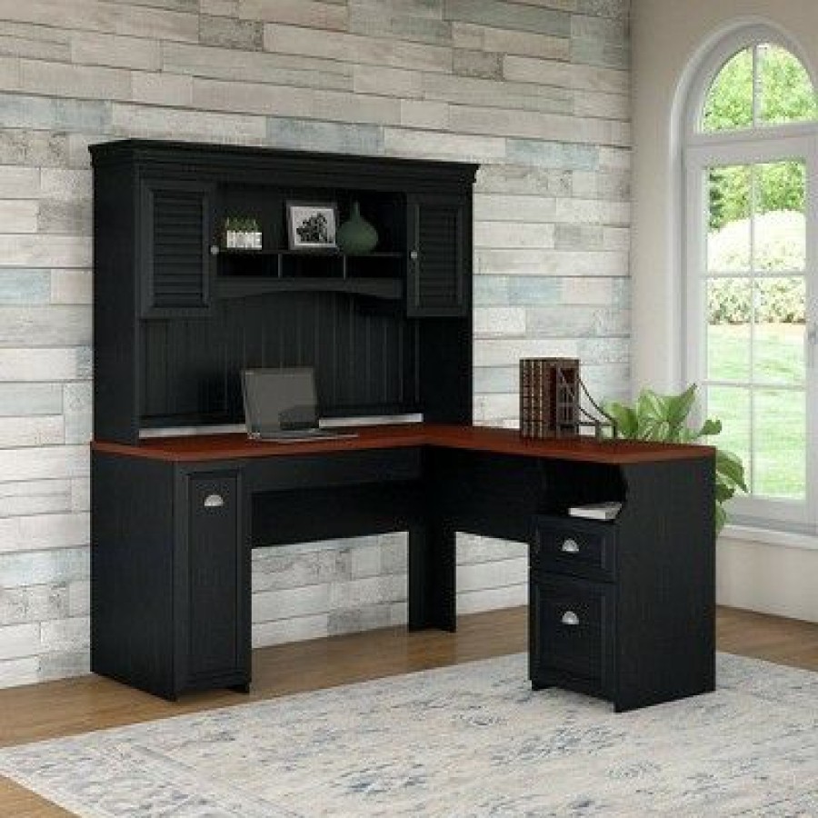 Executive Desks * | Fairview L Shaped Desk With Hutch Antique Black Bush Furniture