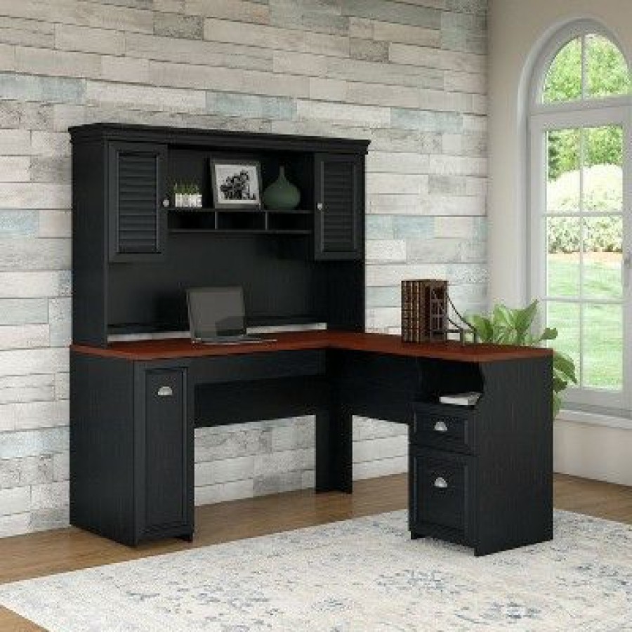 Executive Desks * | Fairview L Shaped Desk With Hutch Antique Black Bush Furniture