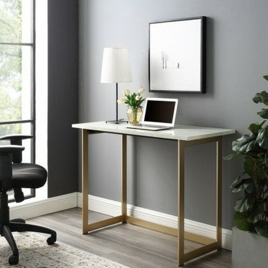 Executive Desks * | 42 Contemporary Modern Faux Marble Computerwriting Desk White Marble/Gold Saracina Home