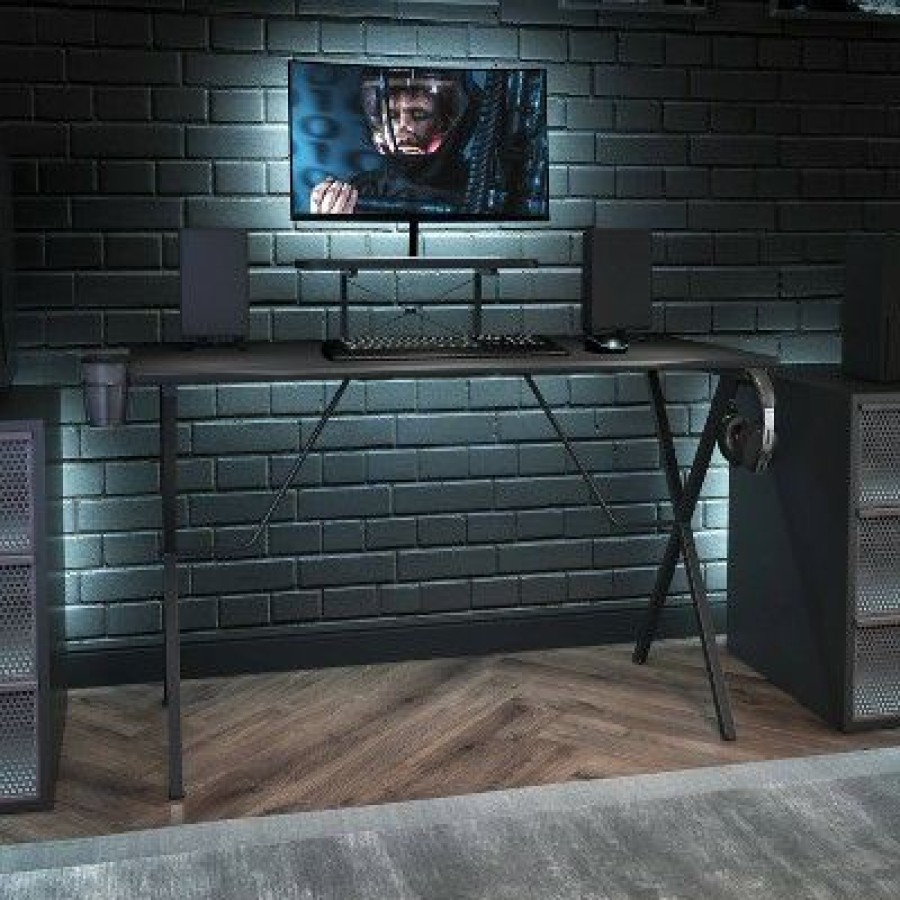 Computer Desks * | Gaming Desk With Cup Holder Headphone Hook And Monitor Smartphone Stand Riverstone Furniture