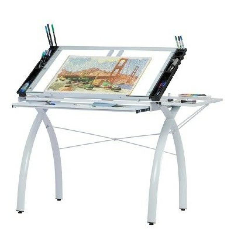 Drafting Tables * | Studio Designs Futura Craft Station With Folding Shelf-White/Clear Glass