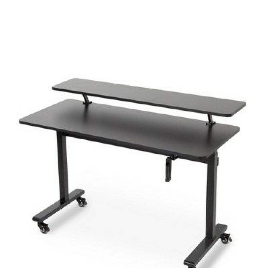 Executive Desks * | Tranzendesk Standing Desk With Attachable Shelf, Front Handle, And Wheels 55" Sit To Stand Workstation Black Stand Steady