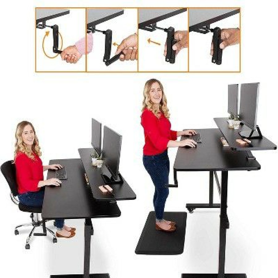 Executive Desks * | Tranzendesk Standing Desk With Attachable Shelf, Front Handle, And Wheels 55" Sit To Stand Workstation Black Stand Steady