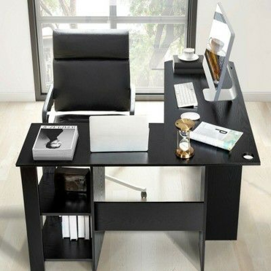 Executive Desks * | Costway Modern L-Shaped Computer Desk Writing Study Office Corner Desk W/Shelves