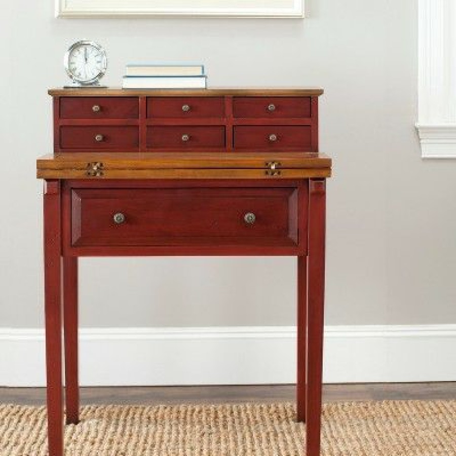 Executive Desks * | Abigail 7 Drawer Fold Down Desk Cherry/Honey Oak Safavieh