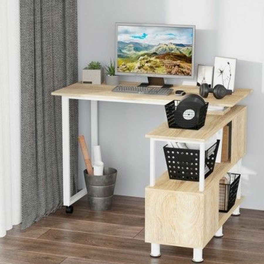 Executive Desks * | Homcom Rotating L-Shaped Home Office Computer Desk With Book Shelves