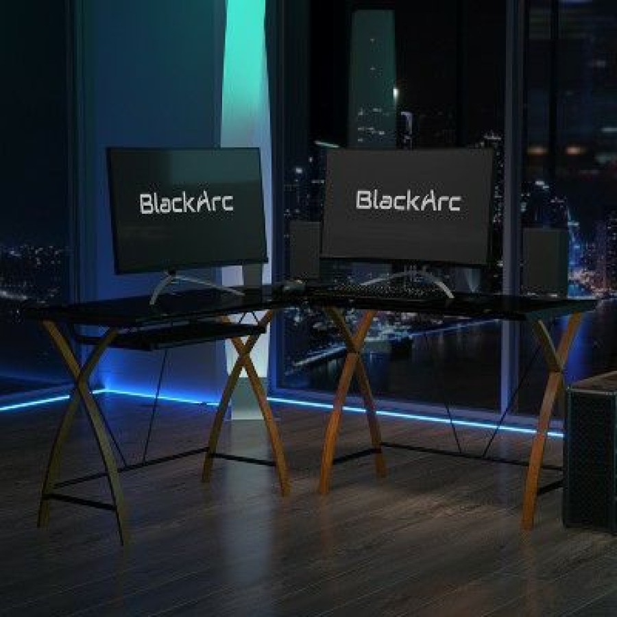 Computer Desks * | Blackarc L-Shaped Gaming Desk With Black Tempered Glass Surface And Crisscross Cherry Finished Legs Sliding Keyboard Tray