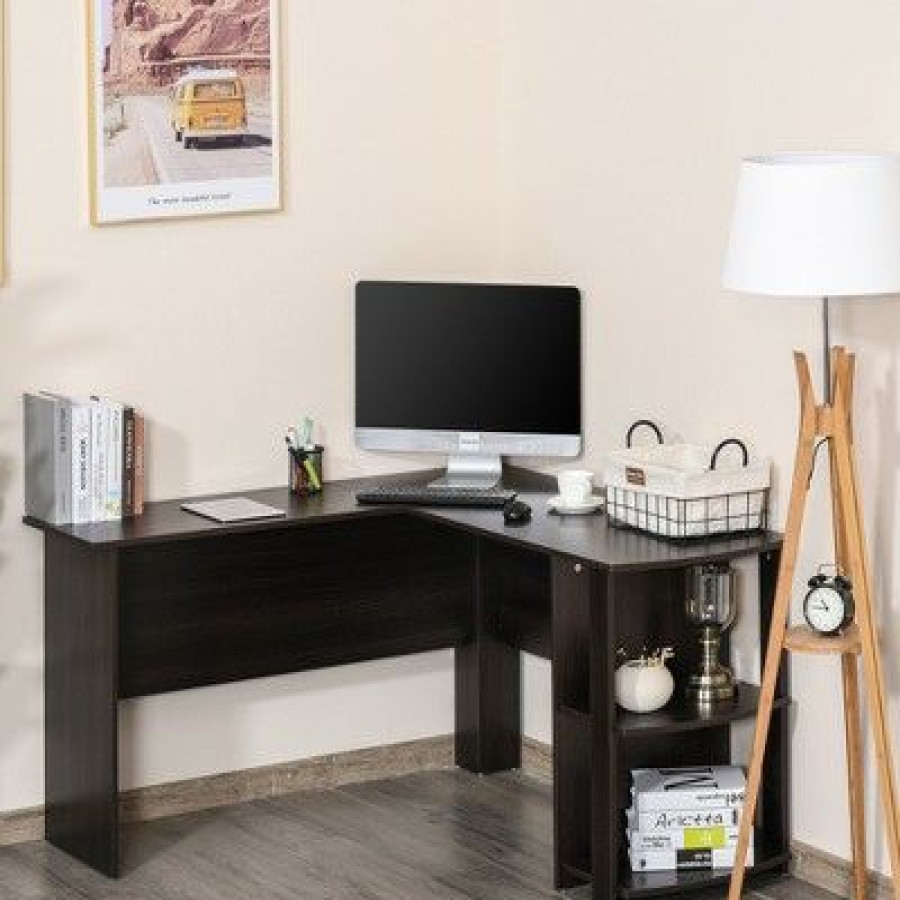 Executive Desks * | Homcom L-Shaped Corner Computer Desk Wood Pc Workstation Laptop Table With 2 Storage Shelves Space Saving Home Office Brown