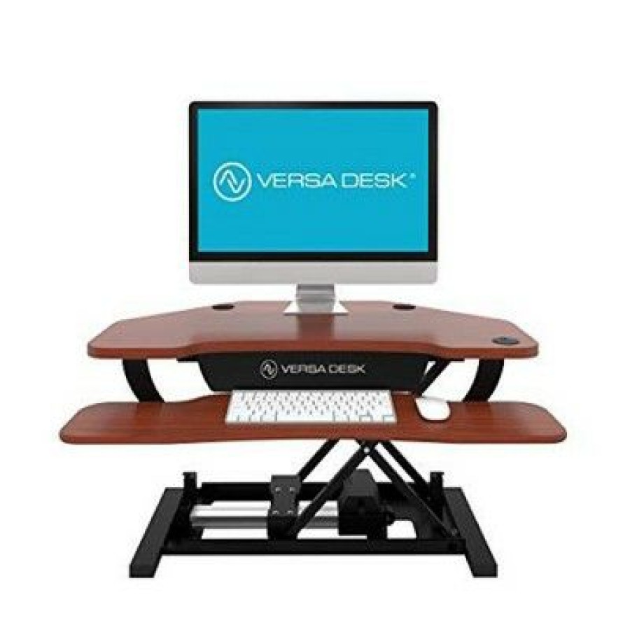 Executive Desks * | Versadesk 36 Inch Power Pro Corner Electric Powered Ergonomic Standing Desk Converter Riser With Spacious Tiers And Mouse Tray, Cherry Woodgrain