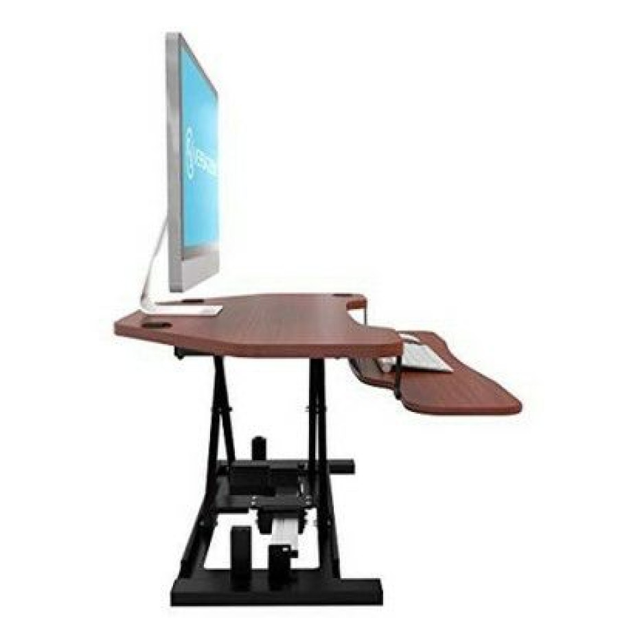 Executive Desks * | Versadesk 36 Inch Power Pro Corner Electric Powered Ergonomic Standing Desk Converter Riser With Spacious Tiers And Mouse Tray, Cherry Woodgrain