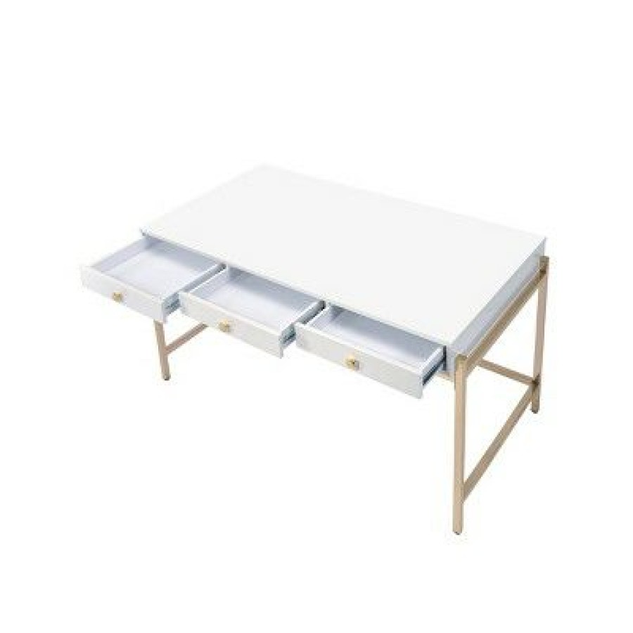 Executive Desks * | Ottey Desk White High Gloss/Gold Acme Furniture