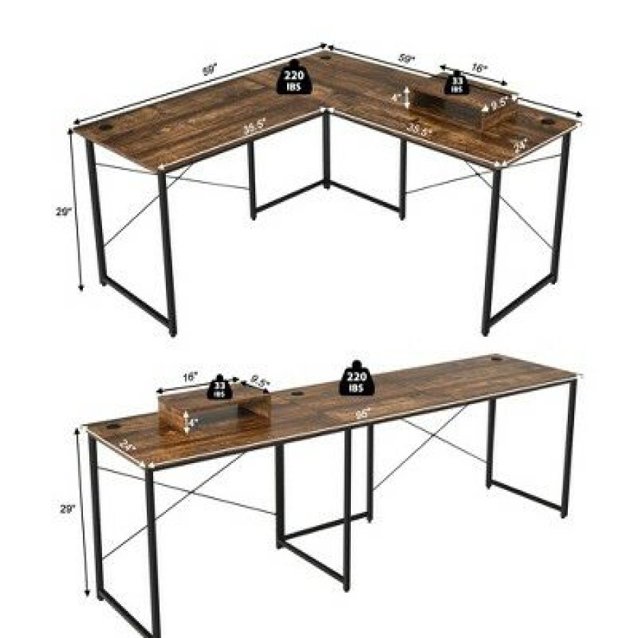 Executive Desks * | Costway L-Shaped Reversible Computer Desk 2-Person Long Table W/Monitor Stand