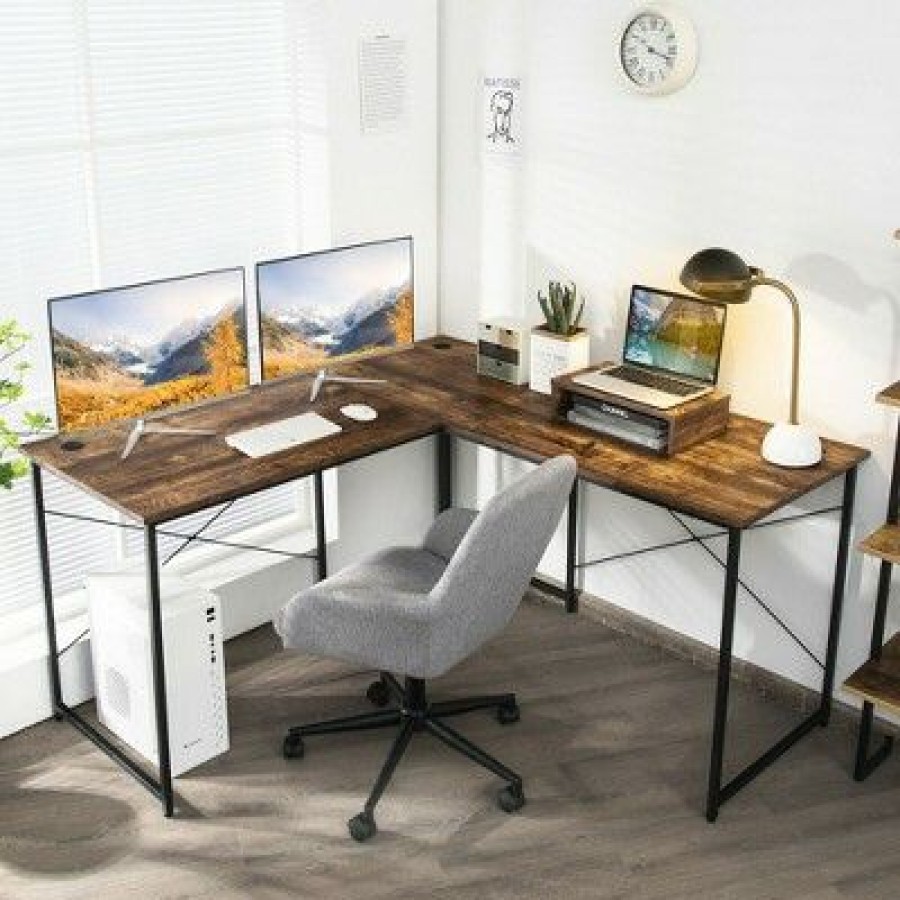 Executive Desks * | Costway L-Shaped Reversible Computer Desk 2-Person Long Table W/Monitor Stand