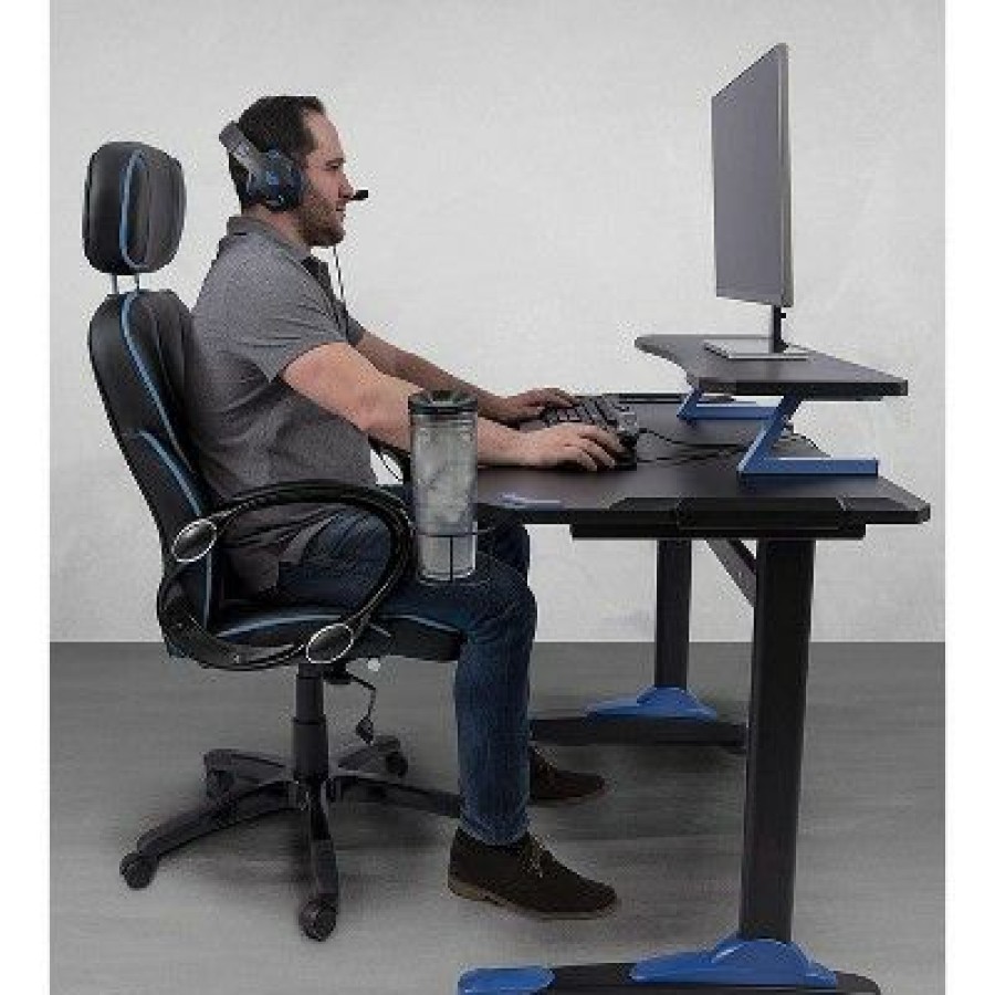 Computer Desks * | Stand Up Desk Store Two-Tier Gaming Desk With Cup Holder, Headphone Hook, Cable Management, And Monitor Stand