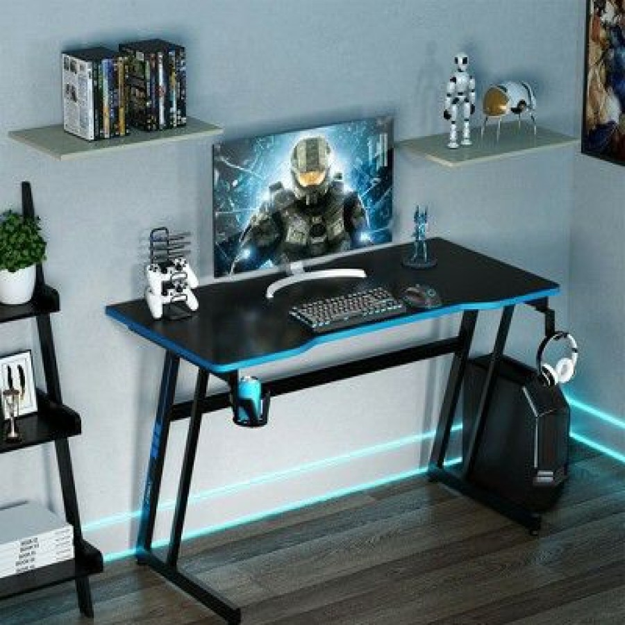 Computer Desks * | Costway 47.5" Gaming Desk Z-Shaped Computer Office Table W/Gaming Handle Rack Red/Blue