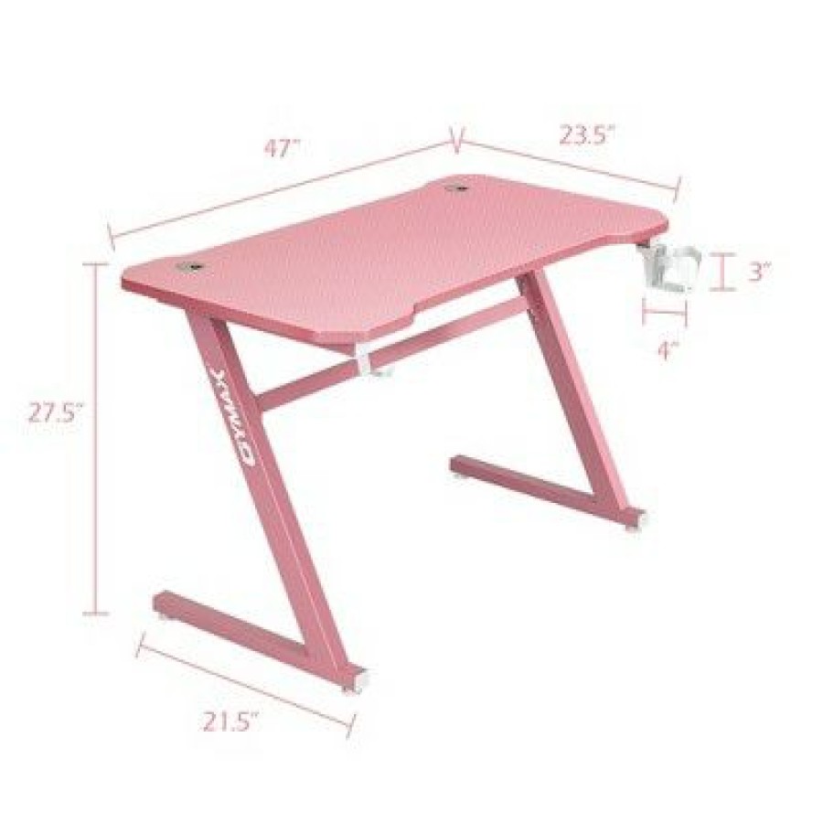 Computer Desks * | Costway 47" Gaming Desk Z-Shaped Computer Table W/ Cup Holder Headphone Hook Pink