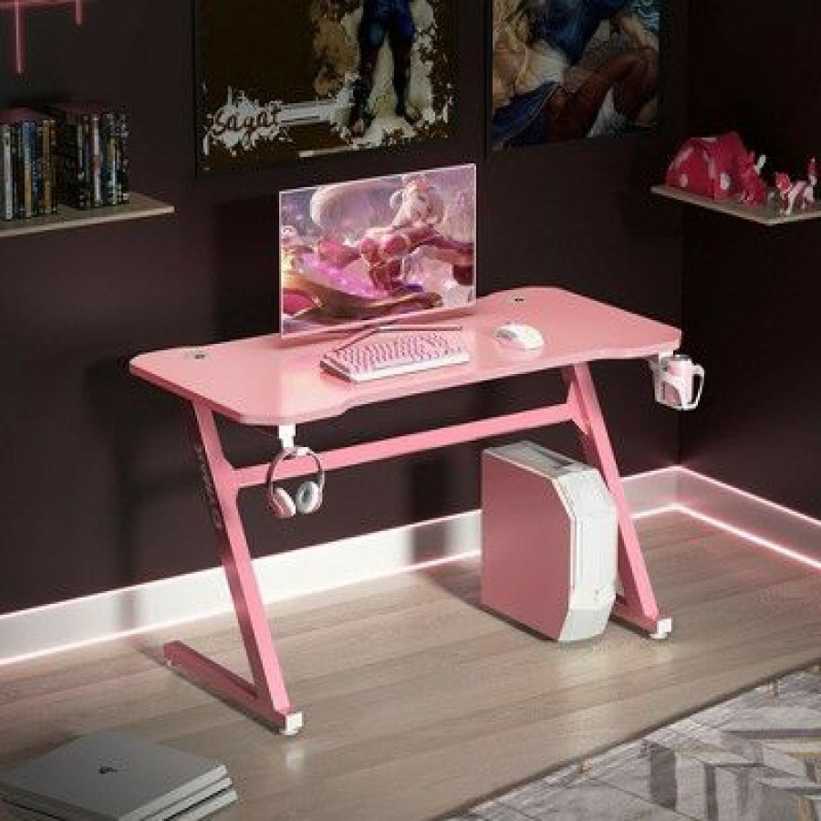 Computer Desks * | Costway 47" Gaming Desk Z-Shaped Computer Table W/ Cup Holder Headphone Hook Pink