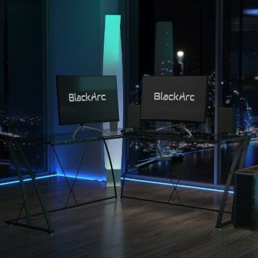 Computer Desks * | Blackarc Gaming Desk With Clear Glass Top And Black Powder Coated Metal Frame L-Shaped 79 Diagonal Width 8Mm Tempered Glass